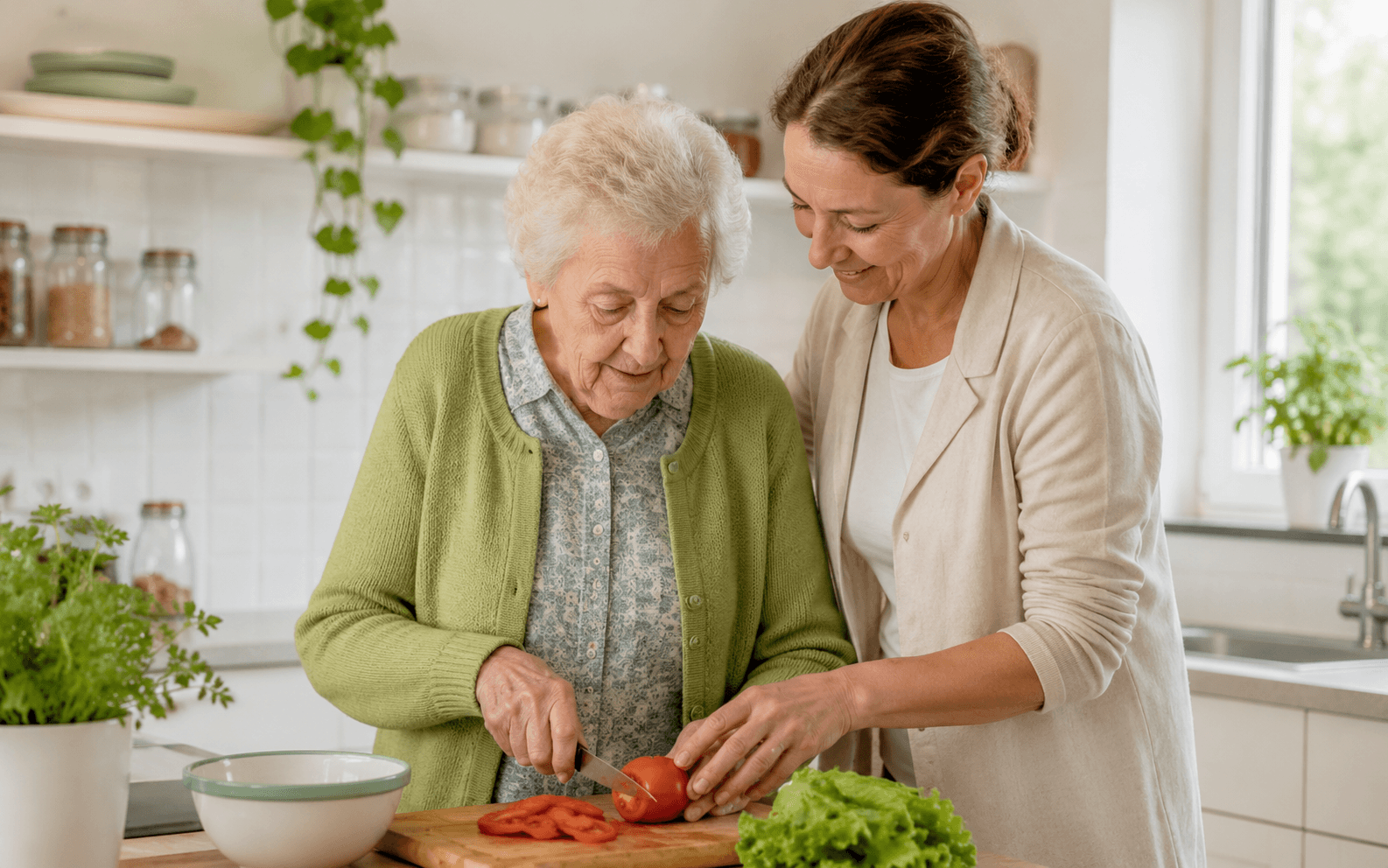 Opiekunka delikatnie pomaga seniorowi w codziennych czynnościach